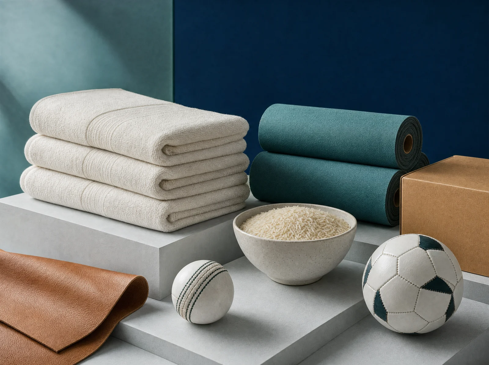 Towels, teal fabric rolls, Basmati rice, a cricket ball, a football and leather laid out on a studio table