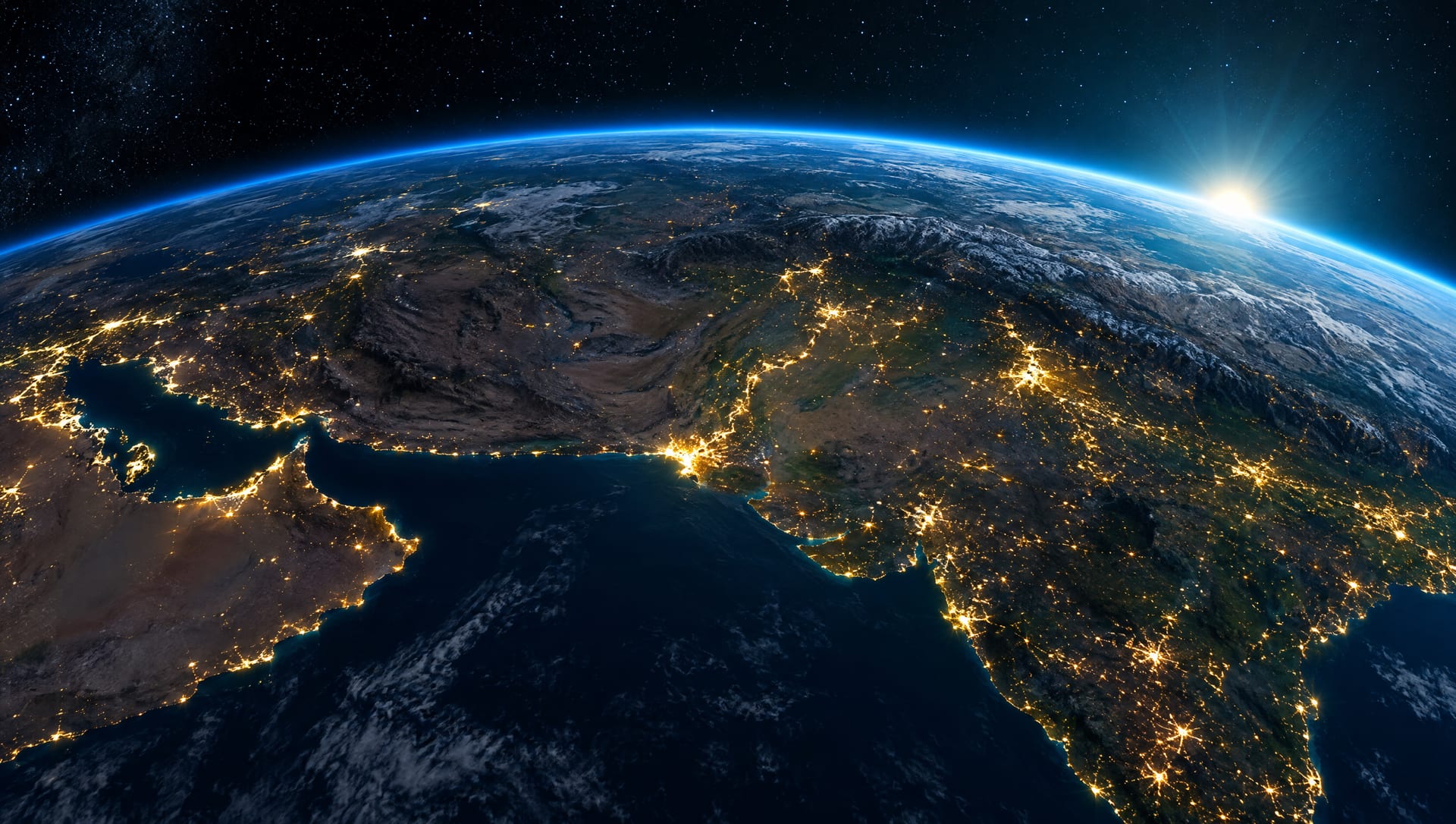 Planet Earth at night seen from space, with Pakistan and the Karachi coastline lit at the centre