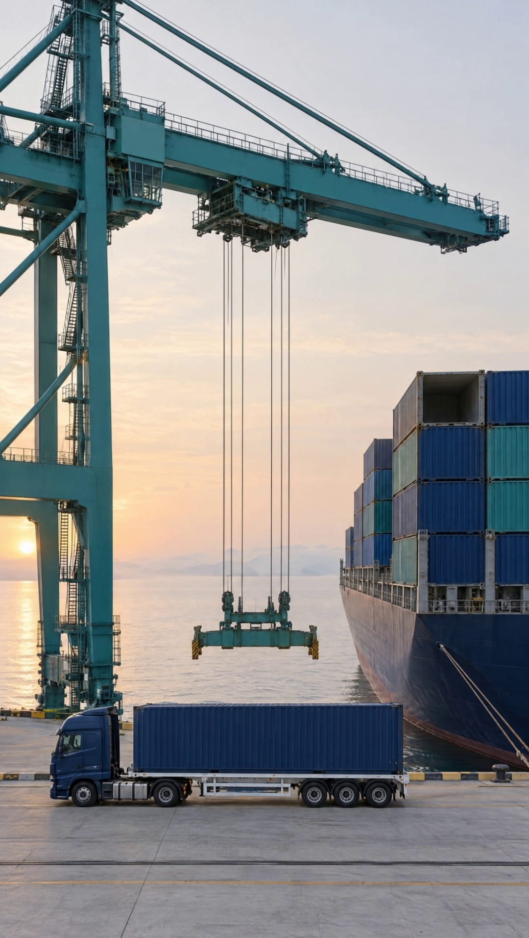 A teal quay crane at dawn, its spreader lowered onto a navy container on a truck beside a container ship