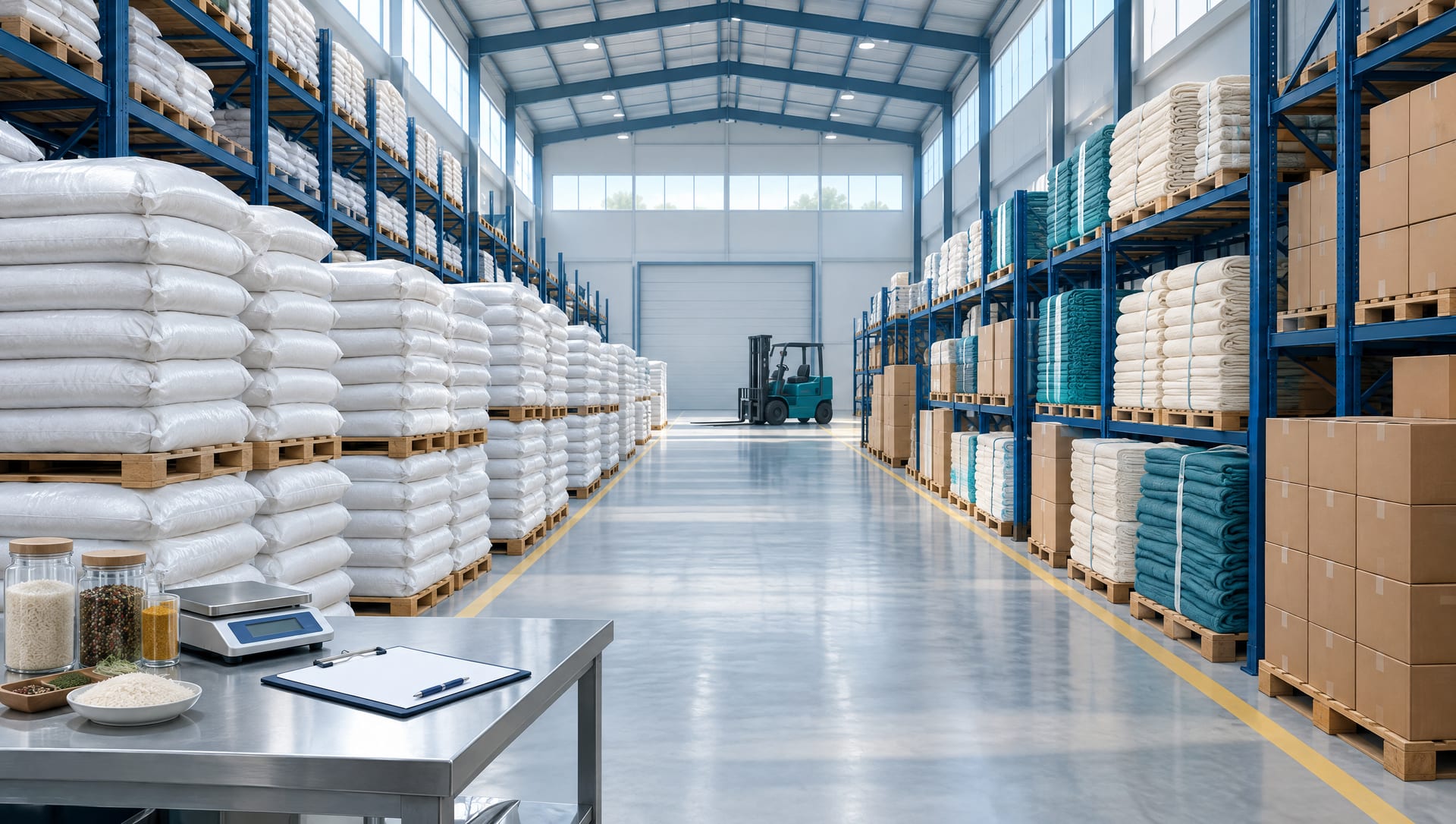 A bright export warehouse with pallets of rice bags, textile bales and cartons, and an inspection table in the foreground